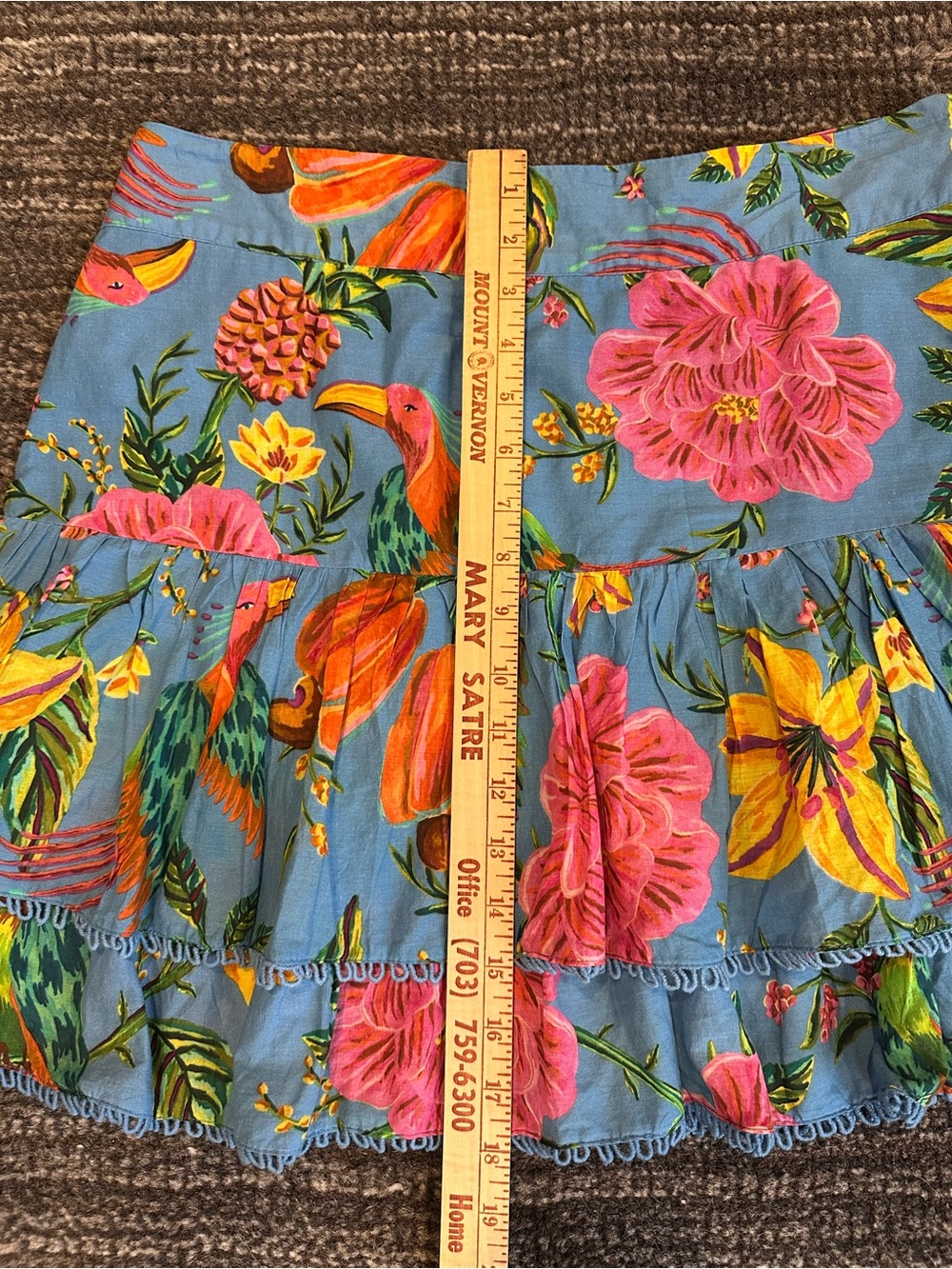 Farm Rio Blue Toucans Floral Tiered Mini Skirt Size Large Garden Tropical Summer - Picture 13 of 14